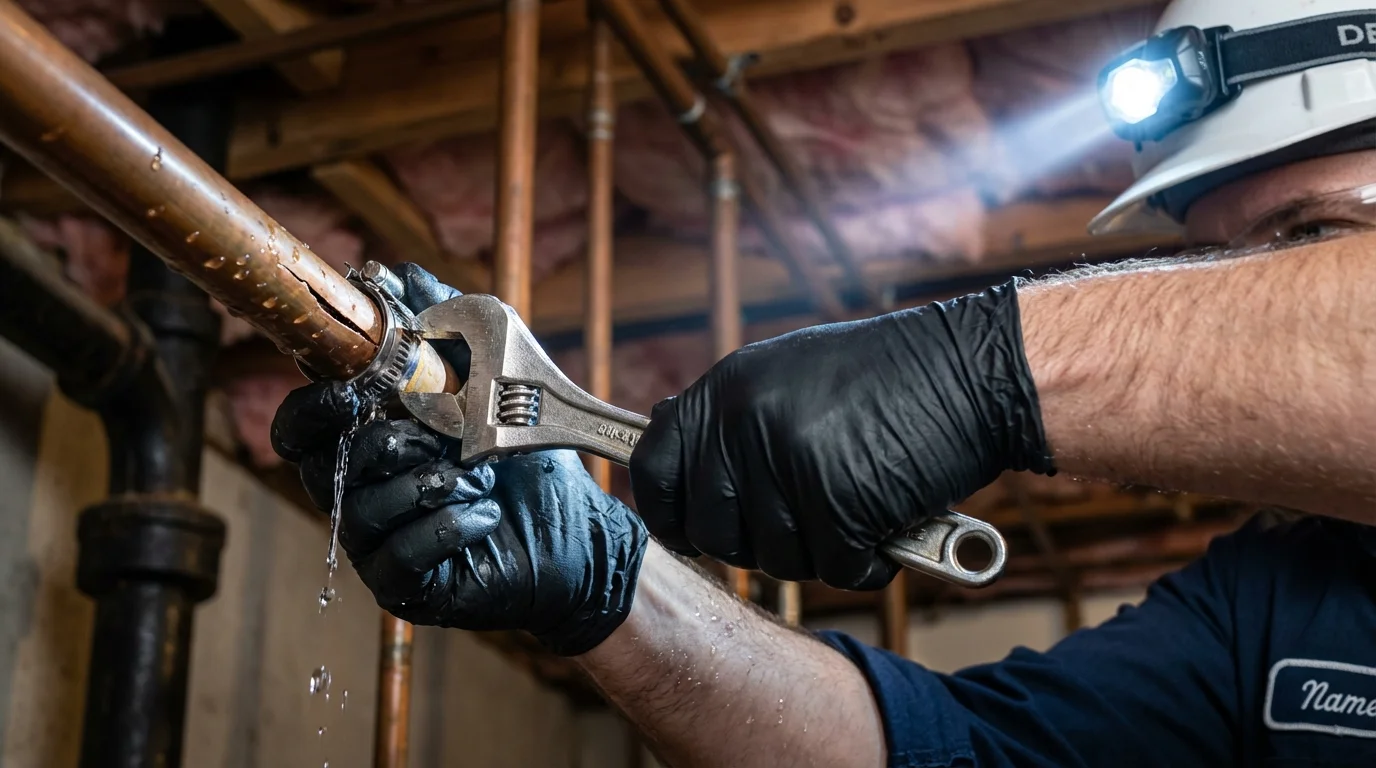 Emergency pipe clamp repair being performed by a Johns Plumbing LLC plumber in Riverside