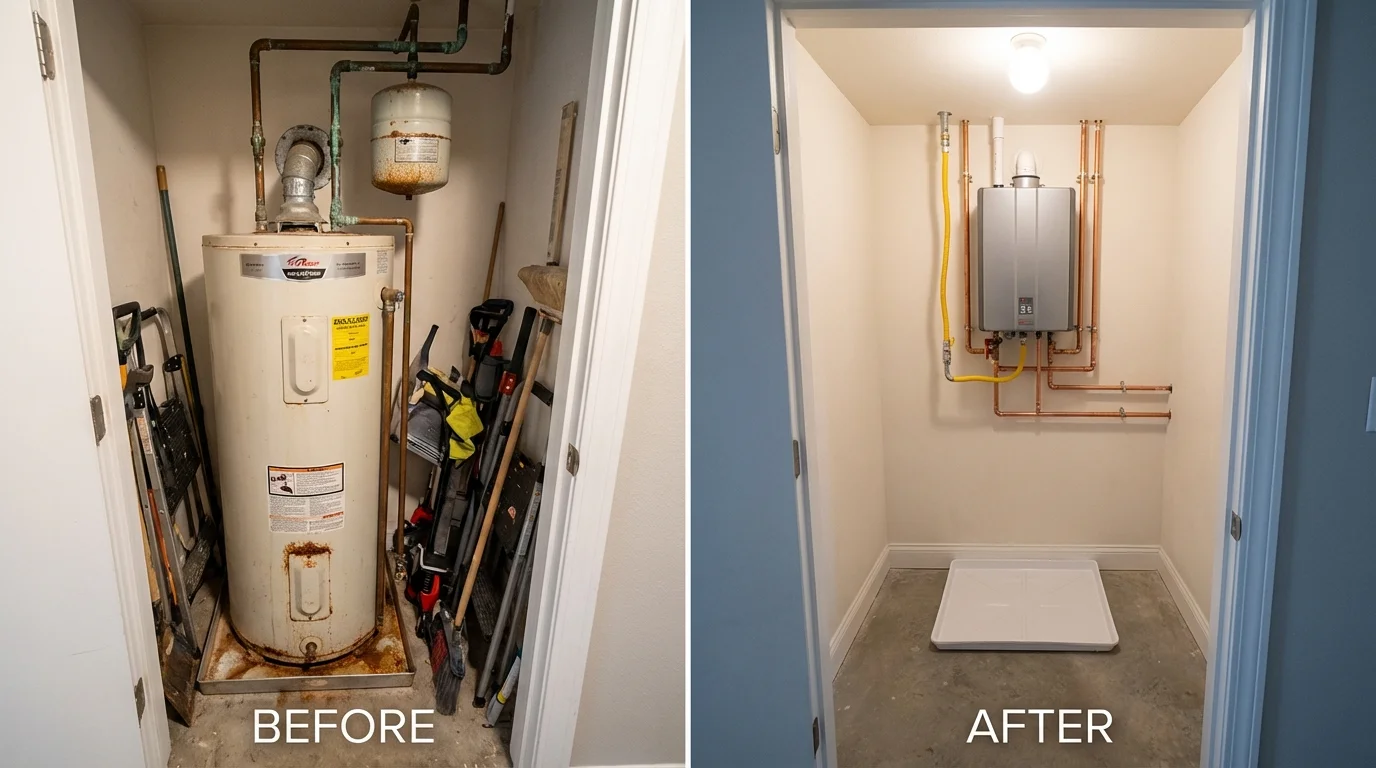 Tank water heater versus wall-mounted tankless unit comparison for Riverside, CA homeowners