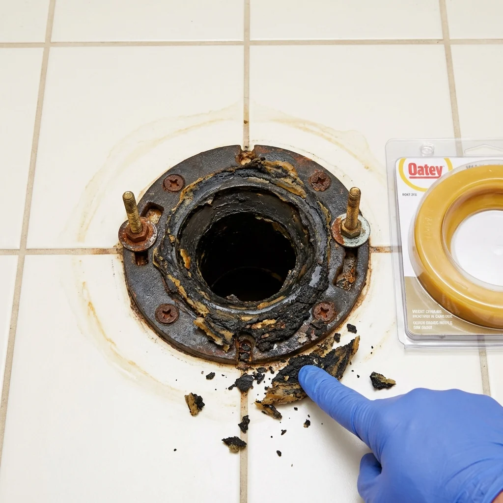 Failed wax ring showing water seepage at the base of a toilet in a Riverside, CA home