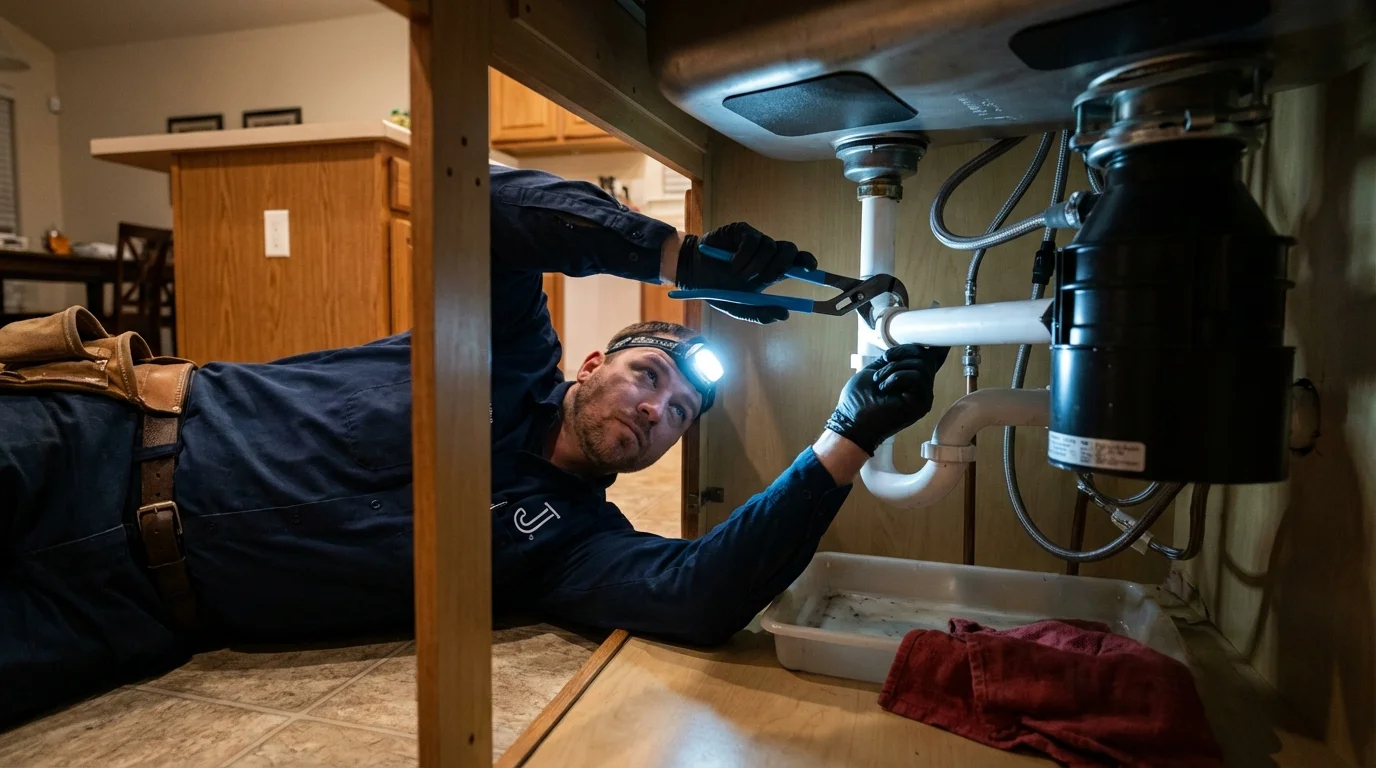 P-trap and supply line connections under a kitchen sink showing a common leak point in Riverside, CA
